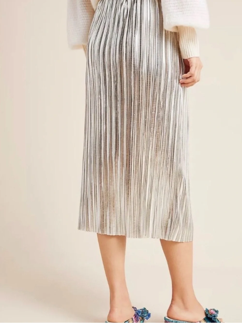 Maeve Nikola Metallic Silver Pleated Midi Skirt 2